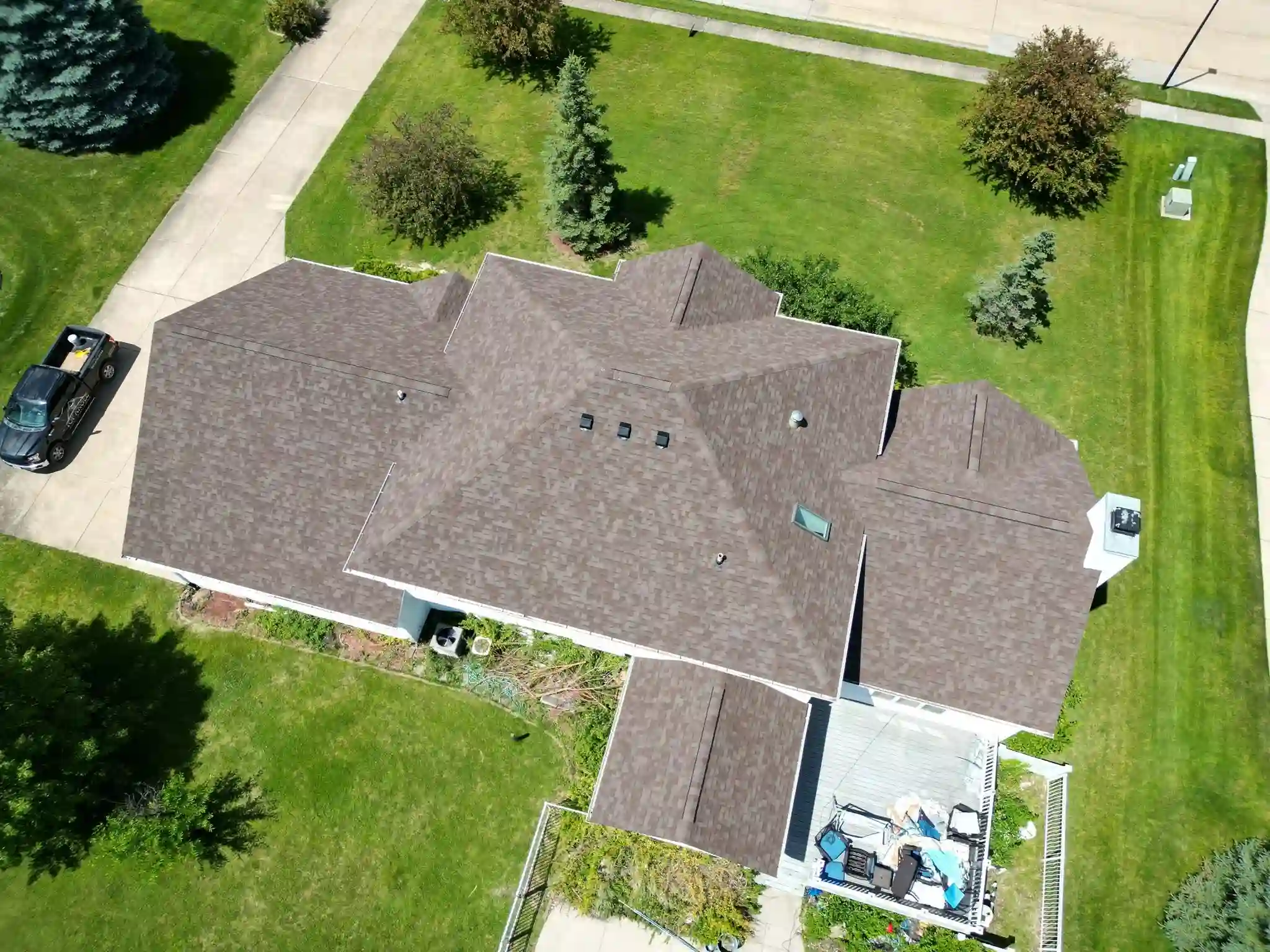 Residential shingle roof top down view